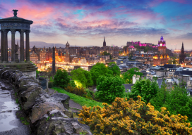  View from the Calton Hill with Dugald Stewart Monument, evening sunset.